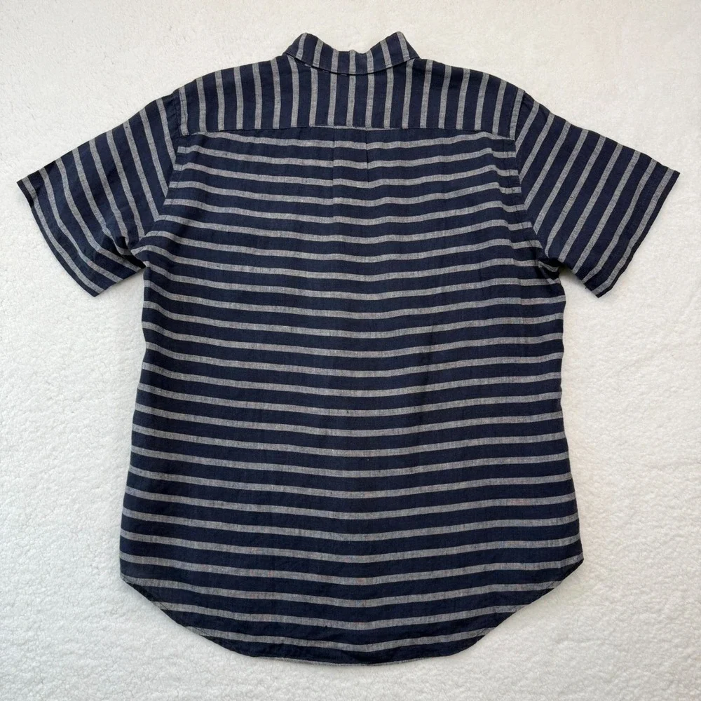 J.Crew 100% Linen Button Down Shirt SS Blue Gray Stripe Fisherman Coastal Mens M